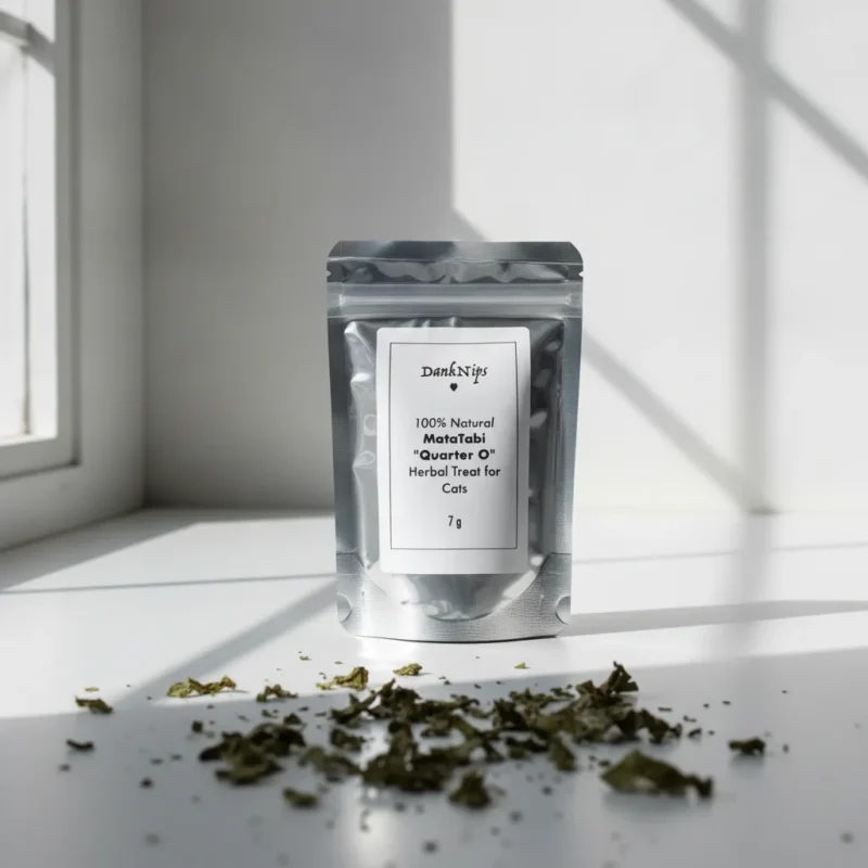 DankNips MataTabi "Quarter O" 7g herbal treat for cats packaged in a stand-up silver foil resealable pouch, there is some dried green herb in the foreground